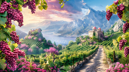 Summer Vineyard Landscape in Switzerland, Wine Agriculture with Lake and Alps, Montreux Riviera - obrazy, fototapety, plakaty