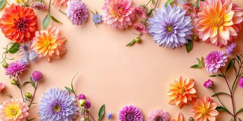 Peach Background with Multicolor Flowers Creating White Space in Spring