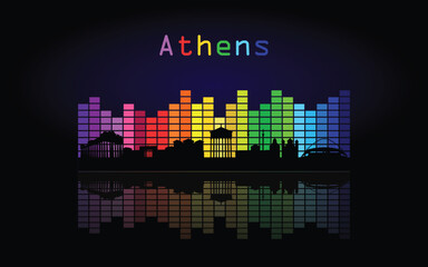 Black panorama of city of Athens on multi colored music equalizer with  reflection of city and music equalizer with multi colored inscription of the name of the city on black background