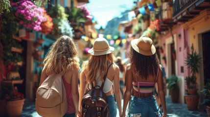 Obraz premium Friends Exploring a Colorful Mediterranean Street