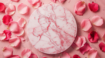 A pink marble plate lies amongst scattered rose petals