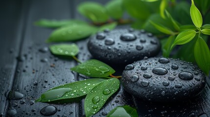 Spa Concept with Black Stones and Fresh Green Leaves - obrazy, fototapety, plakaty