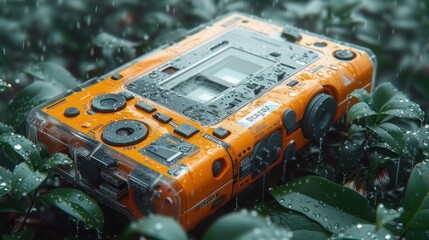 Orange Waterproof Device on Wet Green Foliage