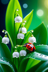 Fototapeta premium Spring macro of lily of the valley flowers and ladybug blossoms.