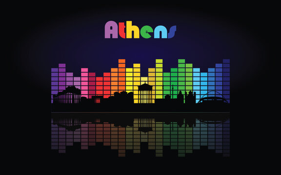 Black panorama of city of Athens on multi colored music equalizer with  reflection of city and music equalizer with multi colored inscription of the name of the city on black background