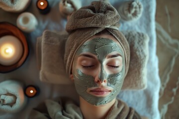 Portrait of a woman at spa treatments at a cosmetologist in beauty salon - lying with a cosmetic mask on her face, with creme, lotion and oil
