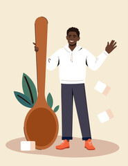 Person with tea concept. Man with wooden cup near cubes of sugar and herbal leaves. Aroma and beverage. Poster or banner for website. Cartoon flat vector illustration isolated on beige background