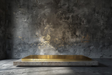 3D image depicts an opulent golden slab front desk against a dramatic grey concrete wall with...
