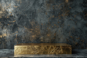 3D image depicts an opulent golden slab front desk against a dramatic grey concrete wall with golden splatters