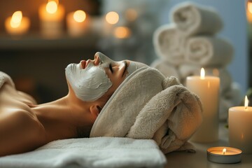 Portrait of a woman at spa treatments at a cosmetologist in beauty salon - lying with a cosmetic mask on her face, with creme, lotion and oil - obrazy, fototapety, plakaty