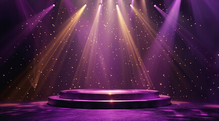 A purple podium is dramatically lit with golden sparkles, suggesting celebration or an exclusive event