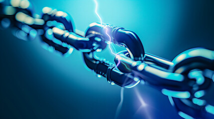 3D render of a metallic chain with a conceptual data light running through the links against blue gradient background