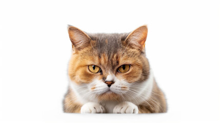 Obraz premium Portrait of an orange grumpy cat kitten looking at the camera isolated on white background, cute funny animal shot, angry, anger, loss the temper, grizzle, unhappy, unsatisfied.