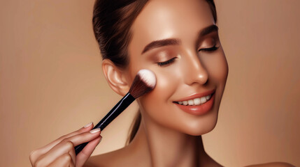 Fototapeta premium Beautiful young woman with healthy skin doing makeup with brush isolated on beige background, concept of cosmetic product, make up, healthy skin, foundation apply, skin colors, with copy space.