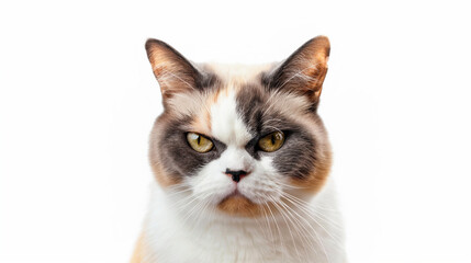 Portrait of a brown grumpy cat kitten looking at the camera  isolated on white background, cute funny animal shot, angry, anger, loss the temper, grizzle, unhappy, unsatisfied.