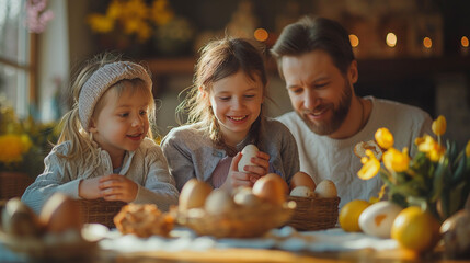 European father with two his daughter is celebrating Easter at decorated table. Selective focus. Copy space. Easter holiday concept. Easter background  