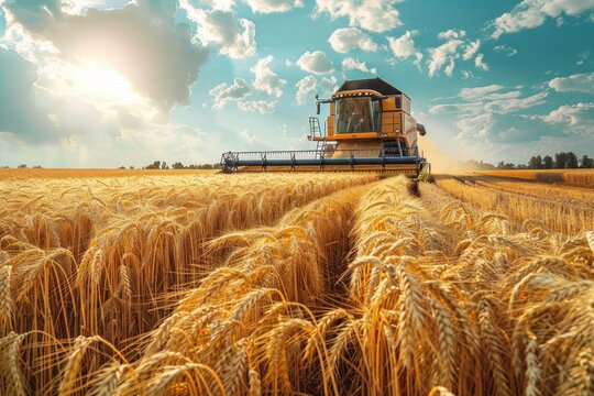 Combine harvester harvesting wheat on sunny summer day, agricultural concept