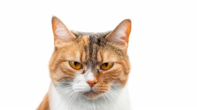 Portrait of an orange grumpy cat kitten looking at the camera  isolated on white background, cute funny animal shot, angry, anger, loss the temper, grizzle, unhappy, unsatisfied.