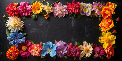 Multicolor Flowers Forming Frame with Empty Space on Black Background in Spring