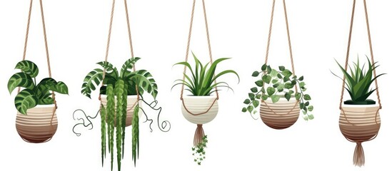 Illustration of hanging plant pots with macrame and greenery for home decor White background