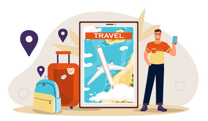 Man with travel concept. Young guy stand with smartphone near luggage and backpack. Holiday and vacation in tropical countries. Cartoon flat vector illustration isolated on white background