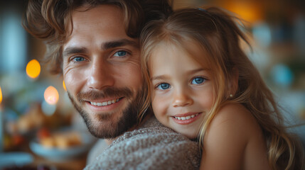 Little blond girl is hugging her father and celebrating Easter. Easter holiday concept. Selective focus. Copy space