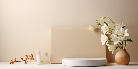 DIY beige home decor with flowers and a podium for beauty product presentation.