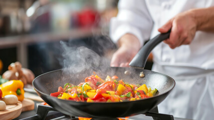 A chef cooking Colorful stir-fry with fresh vegetables in a steaming wok