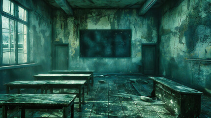 Dark Abandoned Room, Old Broken Interior, Concept of Decay and Destruction, Spooky Atmosphere