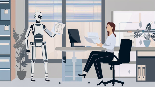 illustration of a woman sitting at office talking to a robot