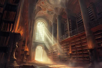 Photo sur Plexiglas Vieil immeuble An ancient library filled with magical books, glowing orbs, and mystical artifacts. Shelves reach up to a high, vaulted ceiling, with soft light filtering through stained glass windows. Resplendent.