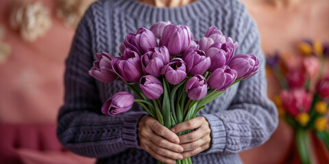 Close-Up of Violet Tulips Held by Woman in Matching Sweater during Spring