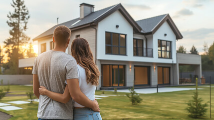 Rear view of young married couple chooses and buys house