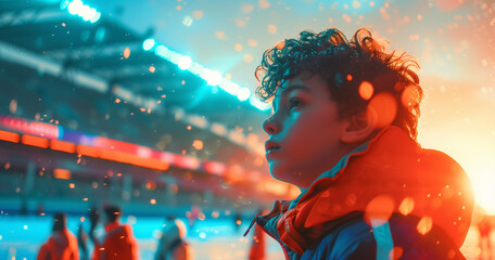 a boy shouting out a flag and sitting in the stands cheer power concept