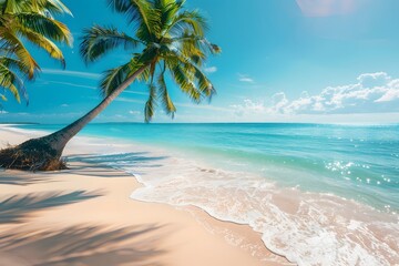 Turquoise Waters and White Sands: A Serene Beach Scene with Lush Palms, Polished in Clarity and Calm, AR 128:85, V 6.0