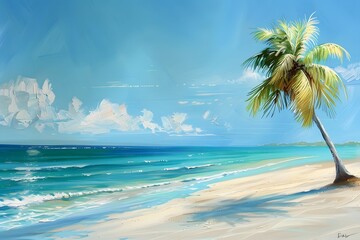 Vibrant Coastal Bliss: A Pristine Beach with a Lone Palm, Rendered in Polished Teal and Azure Tones, AR 128:85, Version 6.0