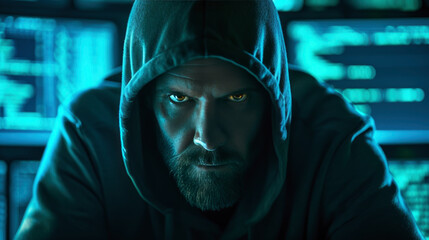 A photo capturing the intense face of a hacker in a hoodie illuminated by the glow of computer...
