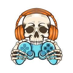 Gaming Skull with headphone and holding video gamepad 
