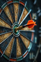 a dart hitting the center of a traditional dartboard, with digital overlays representing the strategic precision required to achieve marketing goals and triumph