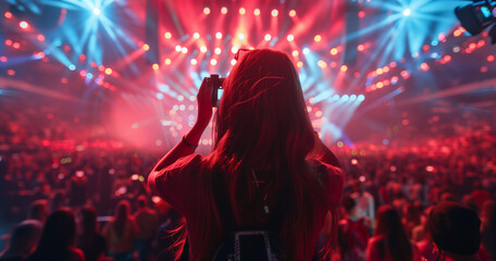 a woman holding up phone while taking photos of people at concert cheer power concept
