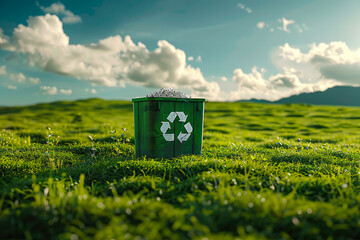 a green container stands in the grass with a recycling sign. a signal of caring and preserving the planet. environmental conservation.