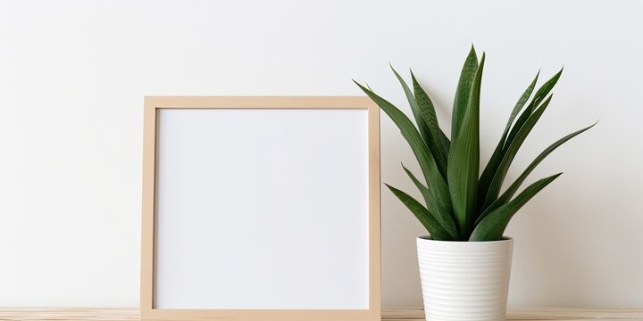 White wooden photo frame and green house plant in minimalist home interior, photo with empty space.