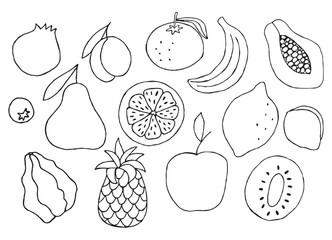 Fruits icons set. Natural tropical fruits isolated on white background. Collection of organic vitamins and healthy nutrition. Food is vegan. Vector illustration.
