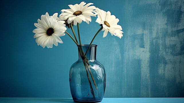 A photographic reproduction features two daisies in a vase captured in cyanotype, offering a vintage and artistic aesthetic.