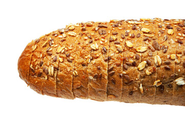 black sliced bread with bran on a white background. oval dark bread with a light texture	