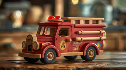 Vintage-style wooden toy fire truck on a rustic table, with a soft-focus background to accentuate its handcrafted details and vibrant colors Generative AI