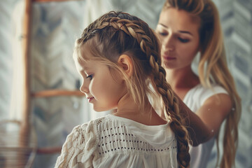 mother braiding hair her daughter  in bathroom and  looking to mirror - obrazy, fototapety, plakaty