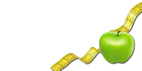 green apple on a measuring tape  background. the concept of female weight loss	