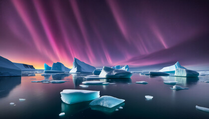 Arctic landscape with floating icebergs and northern lights