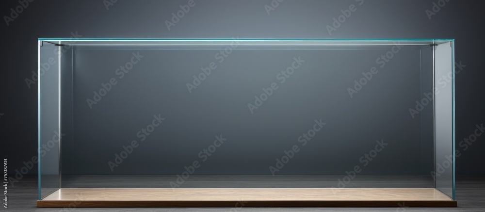 Poster empty glass display case on a gray backdrop